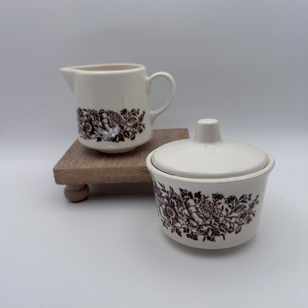 Vintage Royal USA Brown Sussex Floral Creamer and Lidded Sugar Bowl Set Ceramic